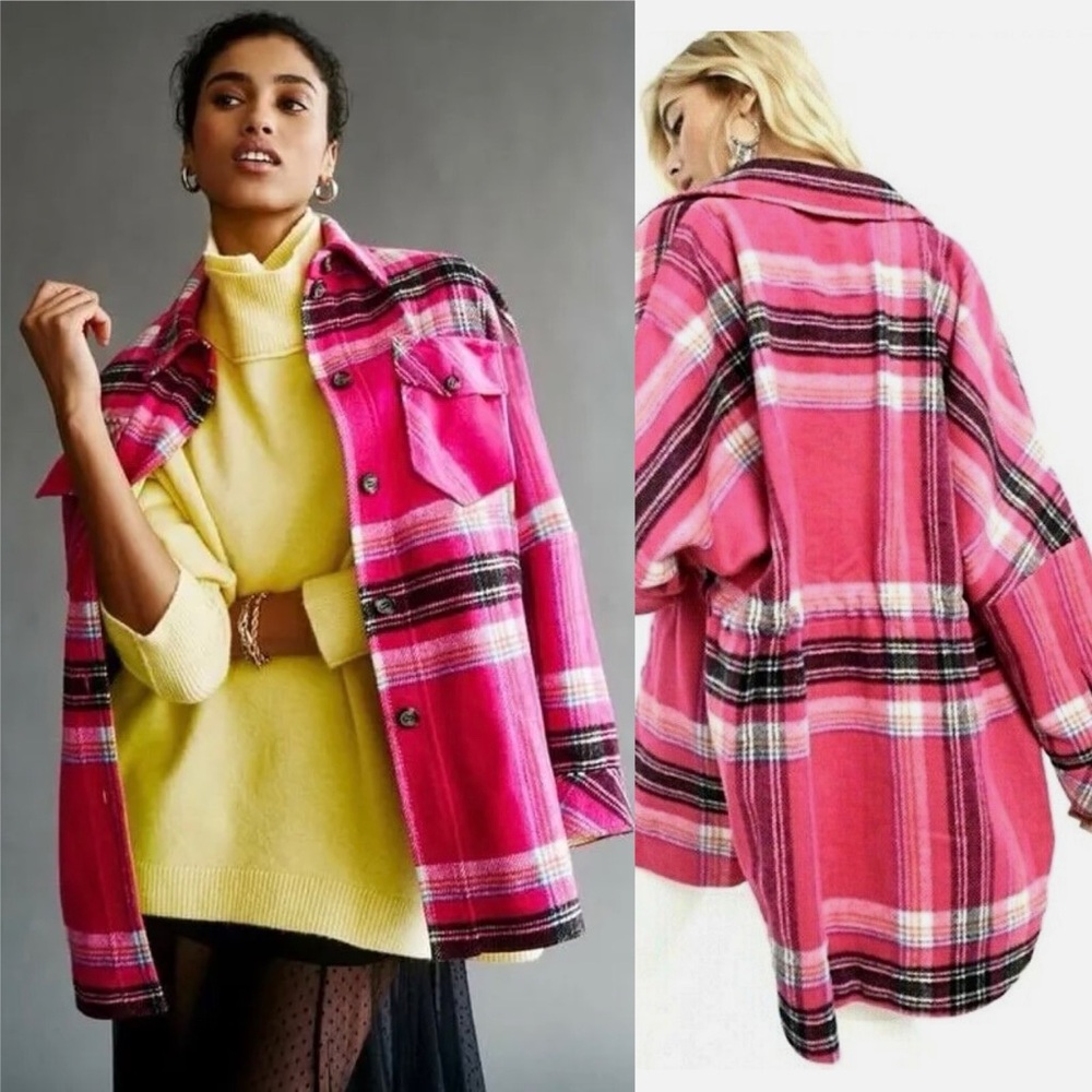 FREE PEOPLE Pink & Lime DOWN FOR YOU Plaid Shacket JACKET Size XS - Picture 6 of 16